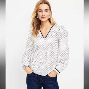 LOFT Cream and Black Patterned V-Neck Blouse